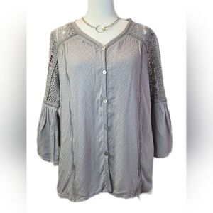 Pink Lily Gray Button Down Lace Sleeve Top